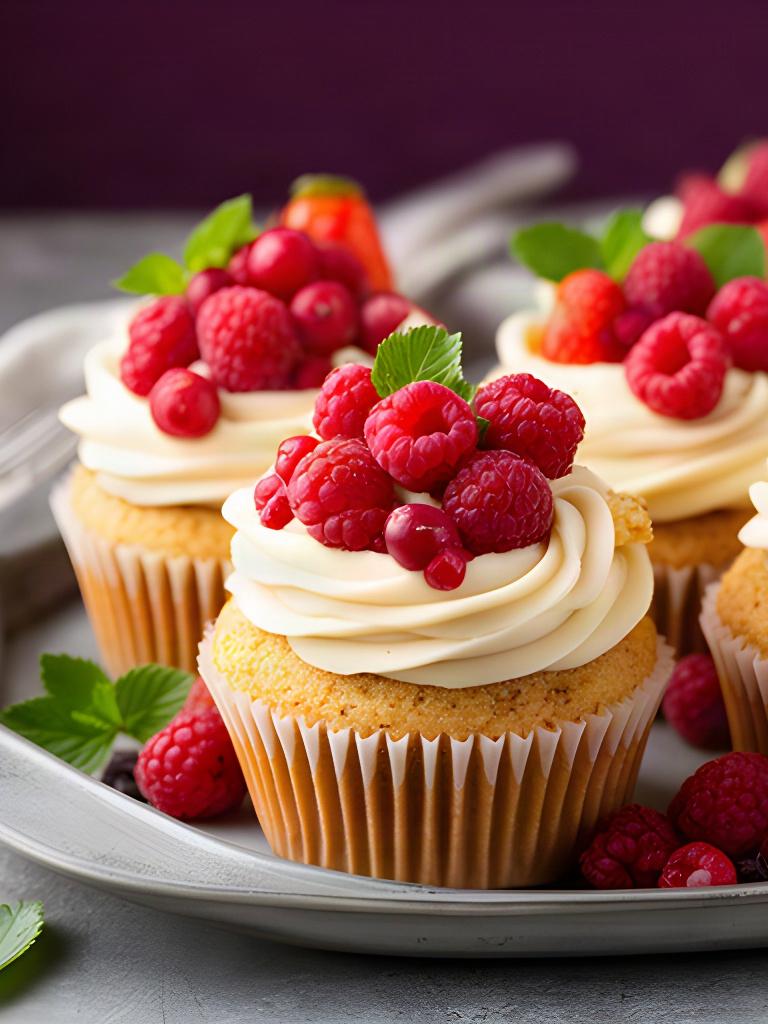 Cupcakes veganos con frosting de anacardos y frutos rojos en una bandeja de celebración
