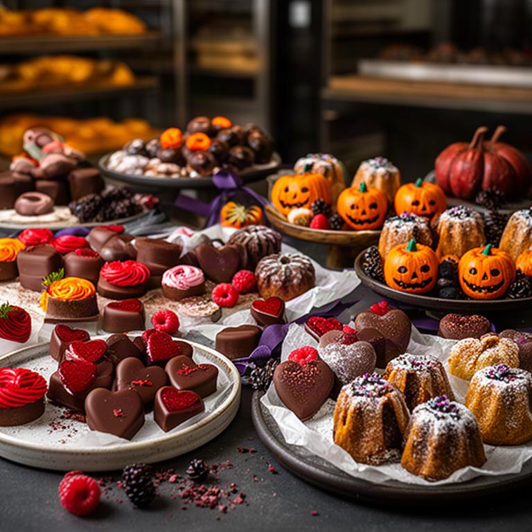 Mesa de dulces temáticos en una pastelería de Murcia con corazones, calabazas de chocolate y mini panettones artesanales
