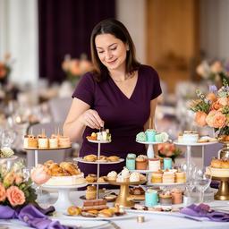 Responsable de eventos preparando una mesa dulce para una celebración en Murcia