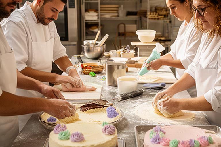 Equipo de pastelería trabajando a mano en el obrador propio de Murcia