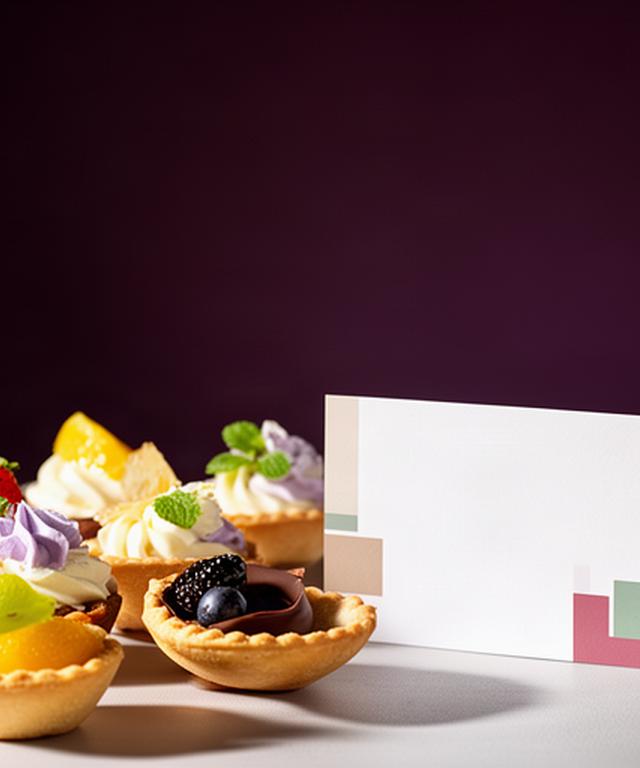 Mini tartaletas decoradas junto a una tarjeta corporativa sobre una mesa de presentación