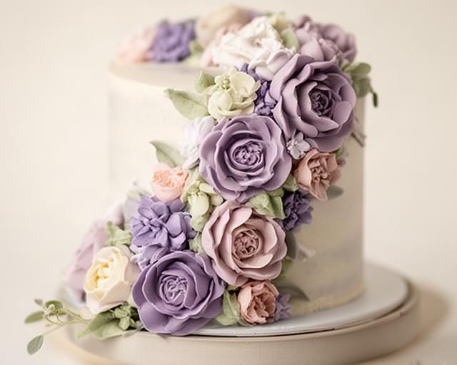 Tarta smash cake con flores de crema en tonos lavanda fotografiada en un estudio infantil