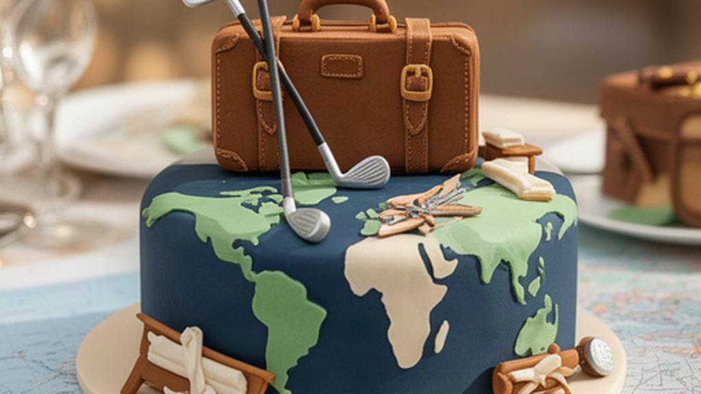 Tarta de jubilación decorada con maleta, palos de golf y un mapa de viajes